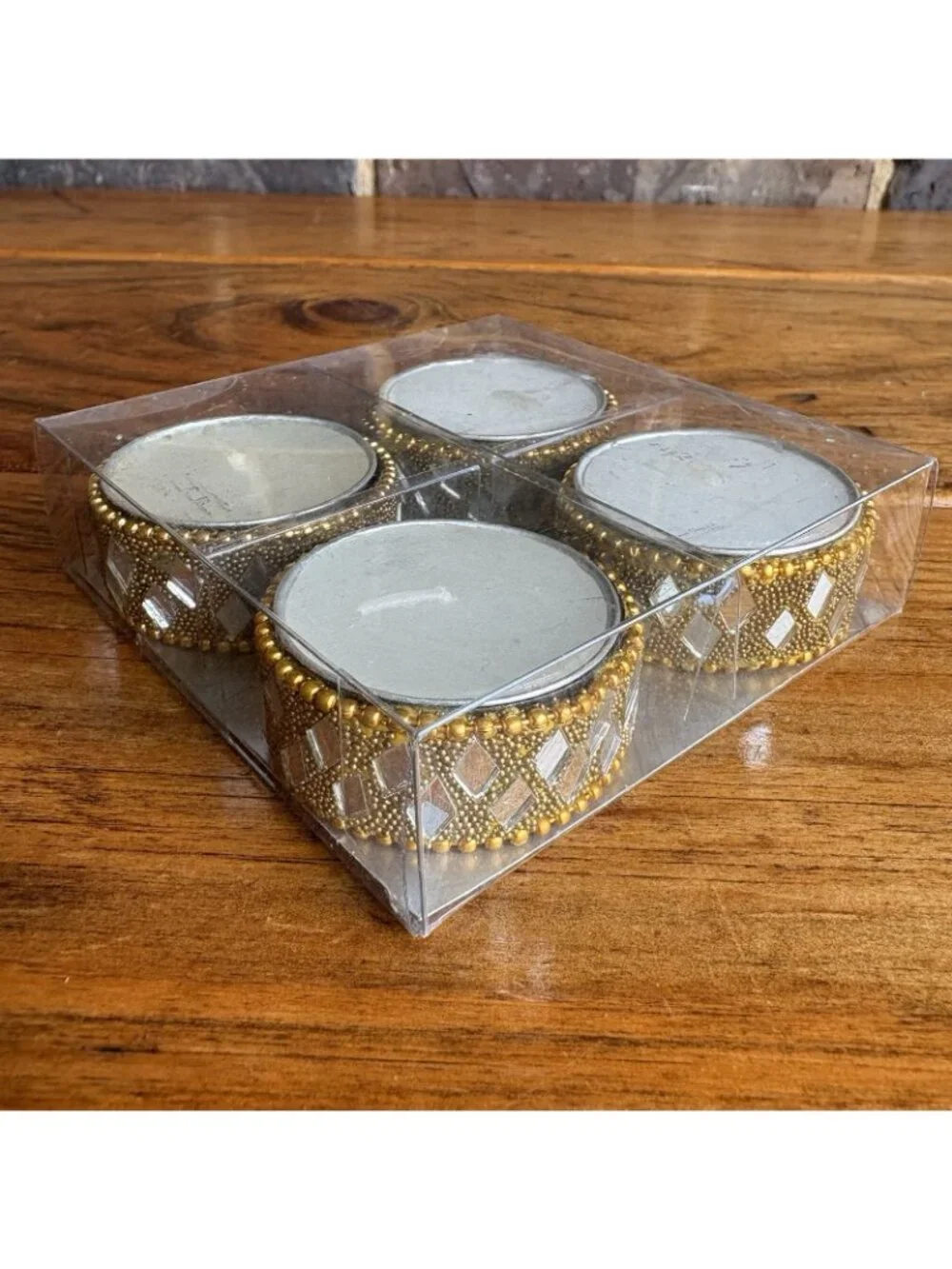 Pier 1 Tea Light Candles & Holders Silver Beaded Mirror Cut Diamond Shape Design